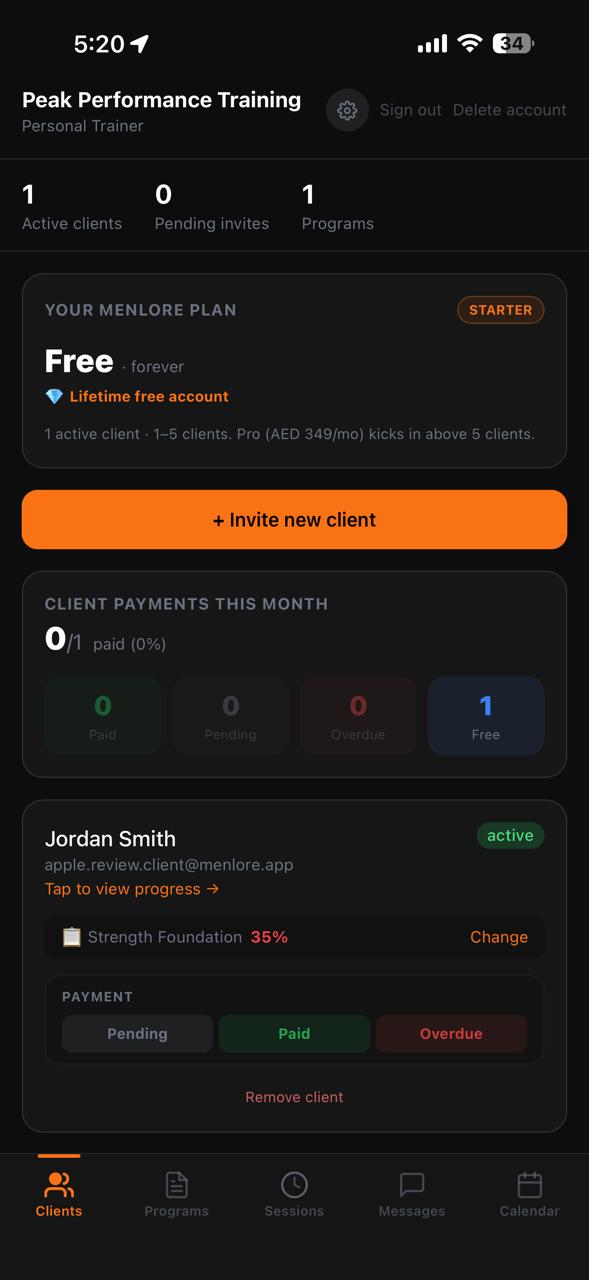 Menlore client dashboard