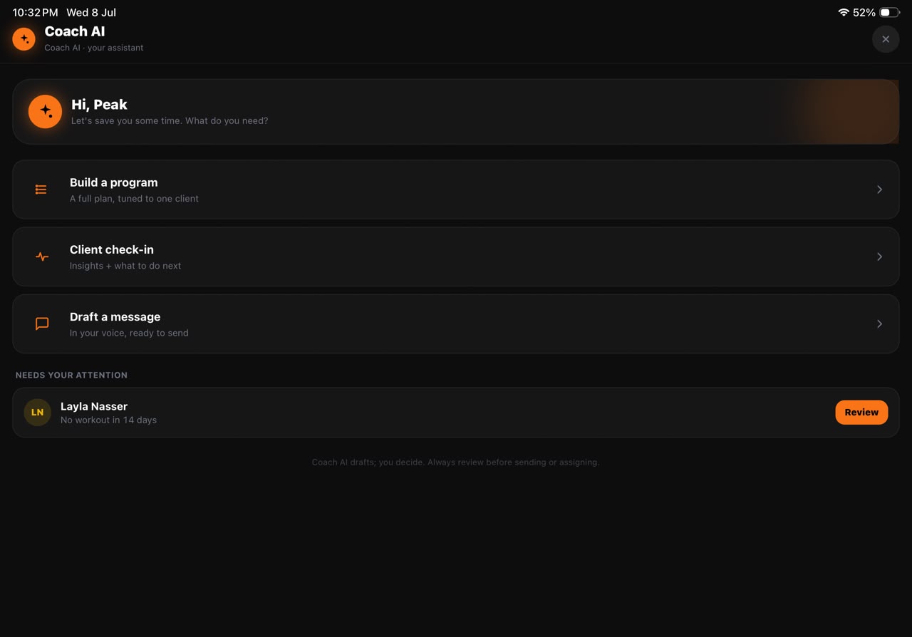 Coach AI generating a workout program on the Menlore trainer console