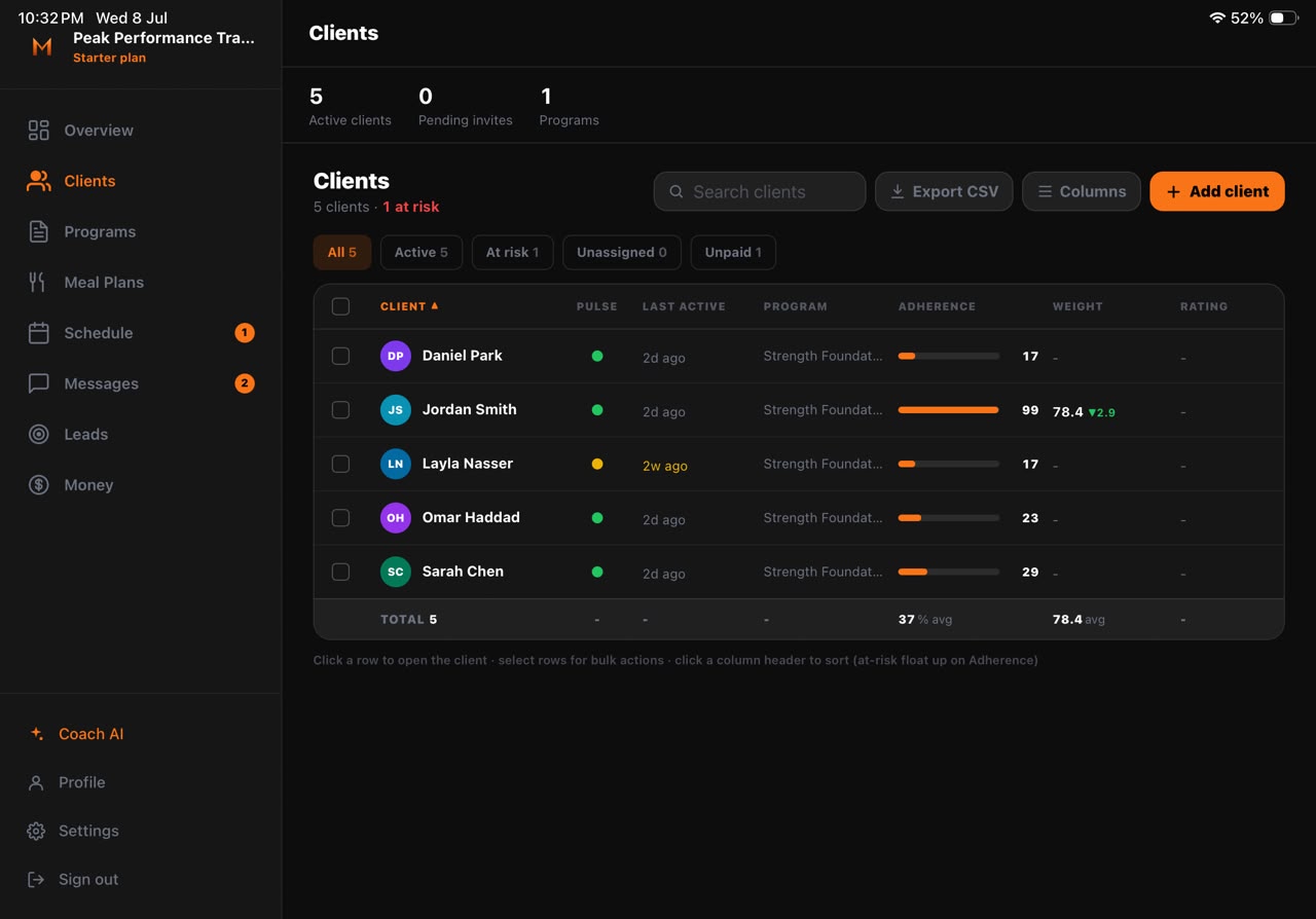The trainer console client table with the full roster in one view.