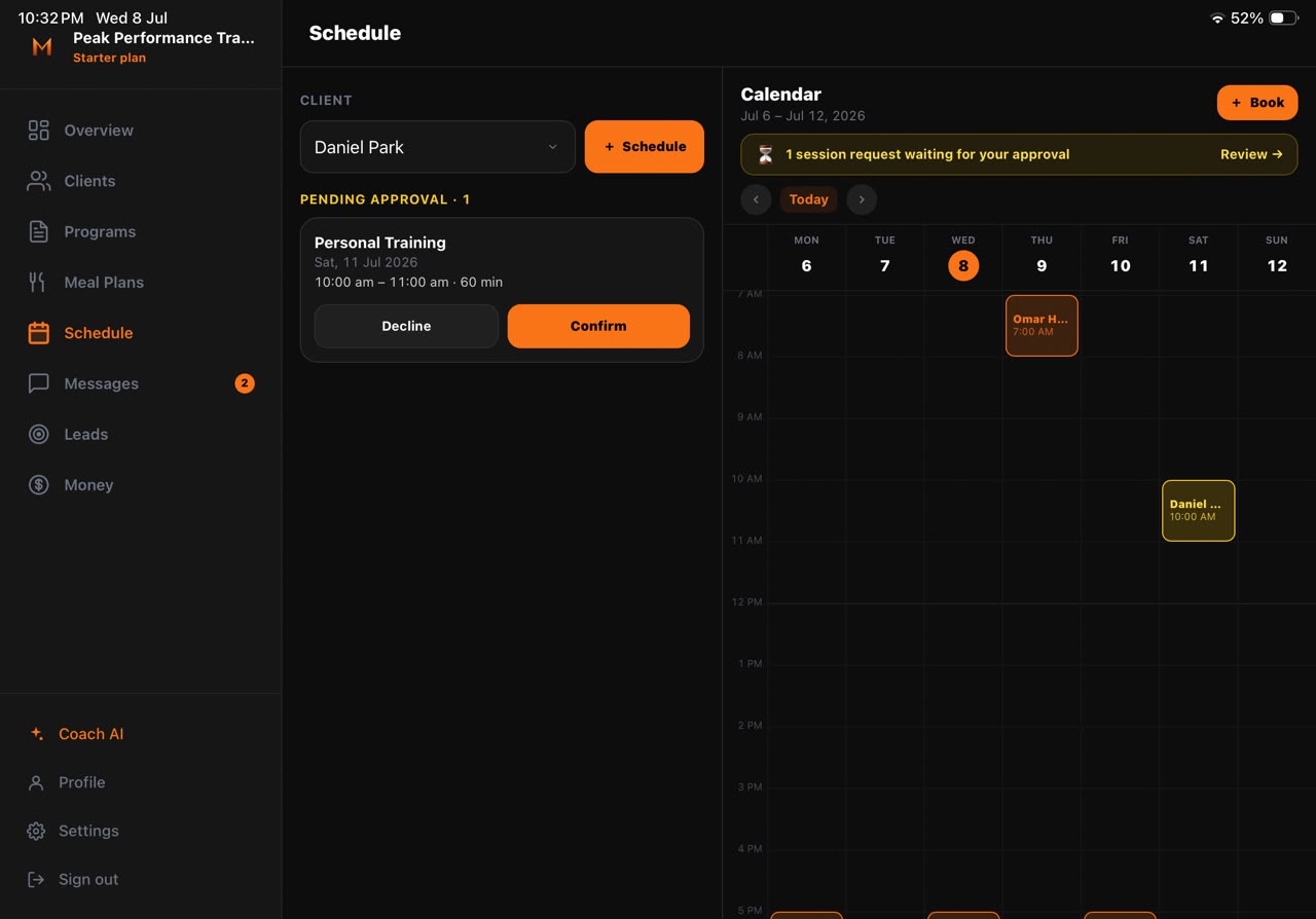 Menlore trainer console schedule and calendar on iPad